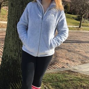 Grey/ silver furry north face jacket